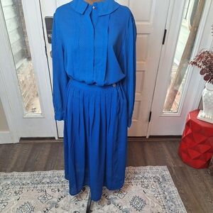 Vtg 80's Compositions Skirt & Blouse Set,  Blue With Black Polka Dots,  10/12